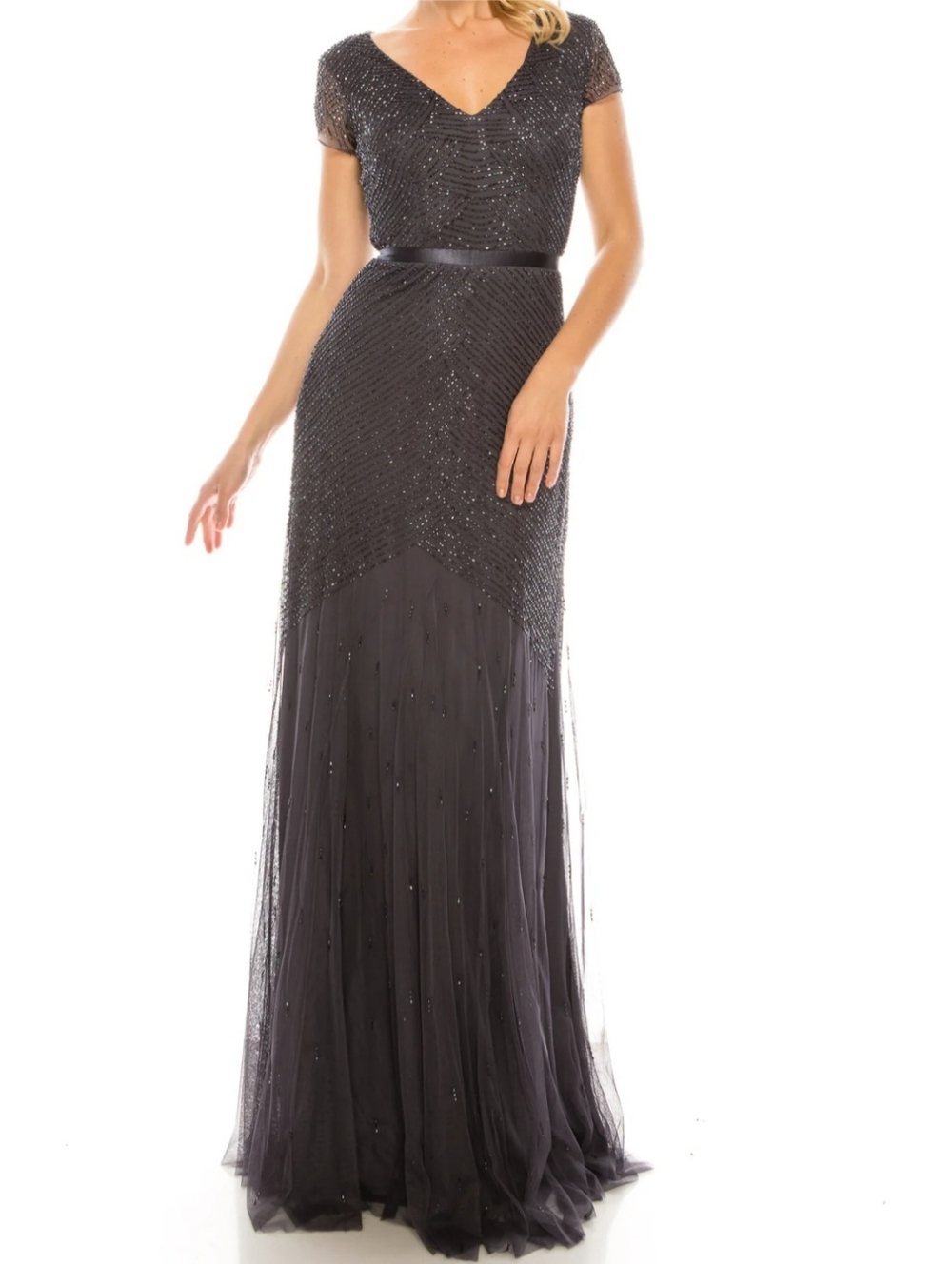 Adrianna Papell Gunmetal Beaded Sheath Evening Dress